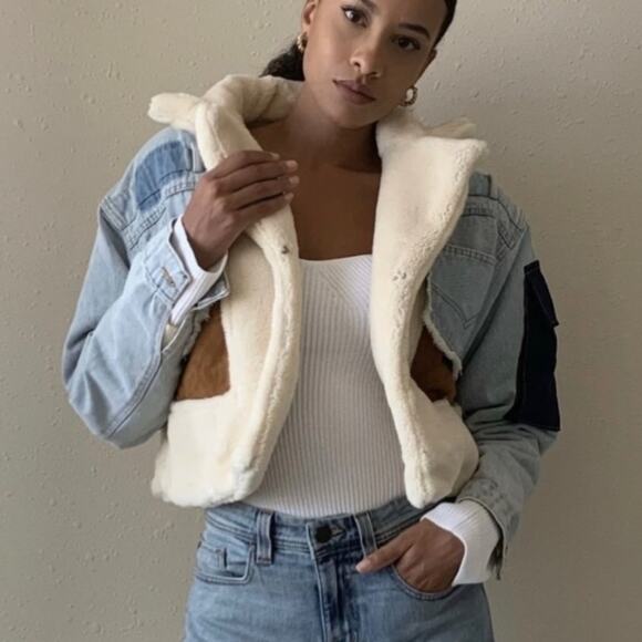 Bida EUC Faux Sherpa Faux Suede Patchwork Denim Jean Jacket Coat Size Large - Picture 5 of 6